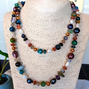 Multicolor Gemstones, Pearls, Crystals Necklace handmade in USA